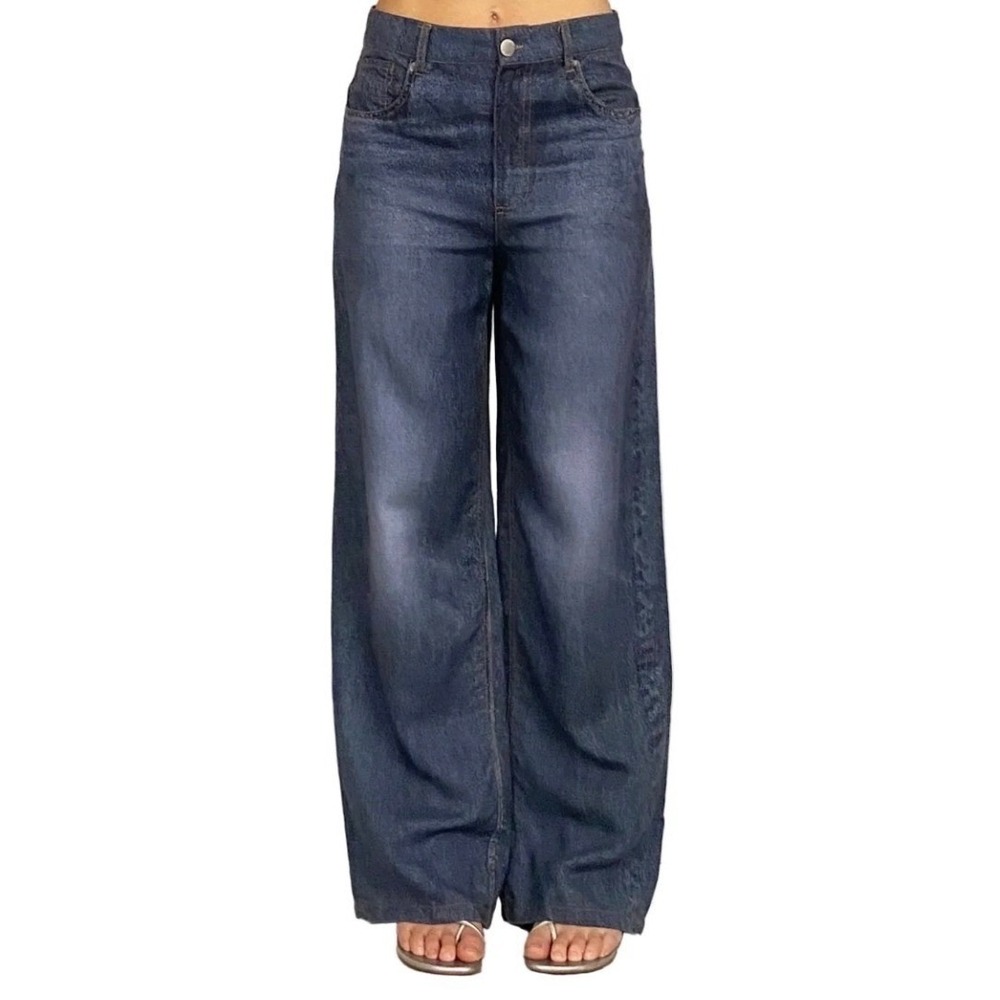 Jason Wu Wide Leg Flowy Pants Indigo Blue High Rise Raw Hem Denim Look Size 6